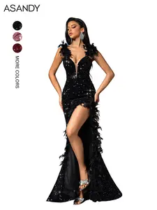 ASANDY Black Sequin Feather Mermaid Gown Deep V Neck High Slit Embellished Evening Dress for Wedding Guest Gala Formal Event Multiple Colors
