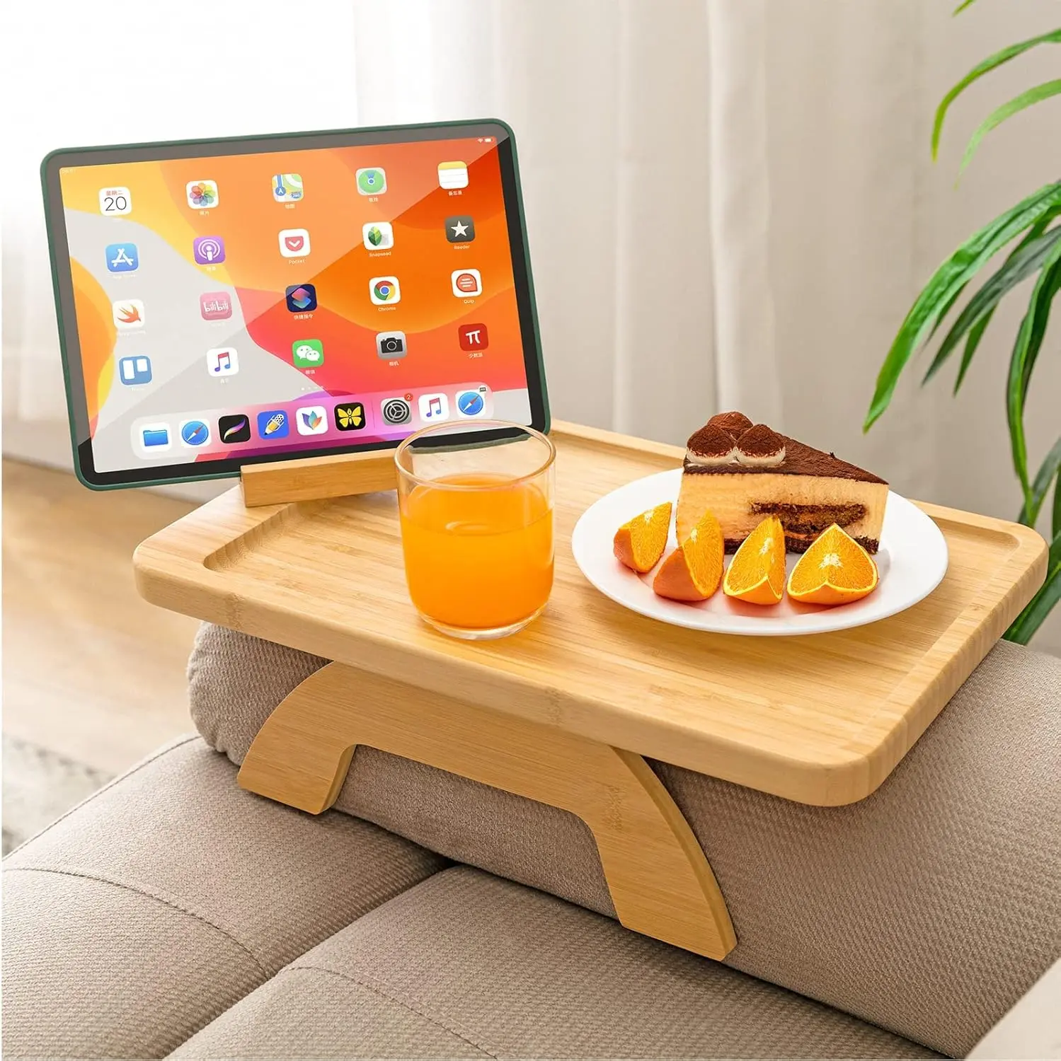 Acacia Wood & Natural Bamboo Clip-On Couch Arm Tray - Stable, 360° Rotatable Phone Holder, Drink Holding & Space-Friendly Console & Sofa Table for Snacking, TV Watching