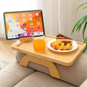 Couch Arm Tray,Bamboo Sofa Clip on Side Table,Foldable Couch Armrest Table with 360° Phone Holder,Food Trays for Eating/Drinks/Snacks/Remote 15.35" x 9.8"