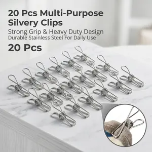 20PCS Heavy Duty Stainless Steel Clips, Multi-Purpose Silver Metal Clothespins with Strong Grip, Durable Utility Clips for Clothes, Food Bags, Photos & Home Organization