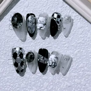 W15 Pure handmade wear nail black cute wind mold Bear Removable nail nail piece 54 mold Bear.funny nail.free tool party press