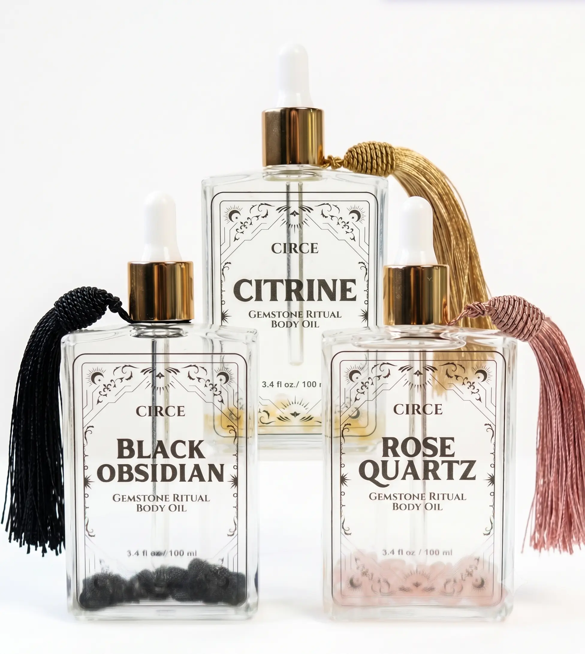 Circe Boutique 3-Crystal Gemstone Oil - Vanilla, Sunflower, Olive & Peach Infused Body Care Oil for Face, Hair & Cuticles with Cherry Blossom Fragrance