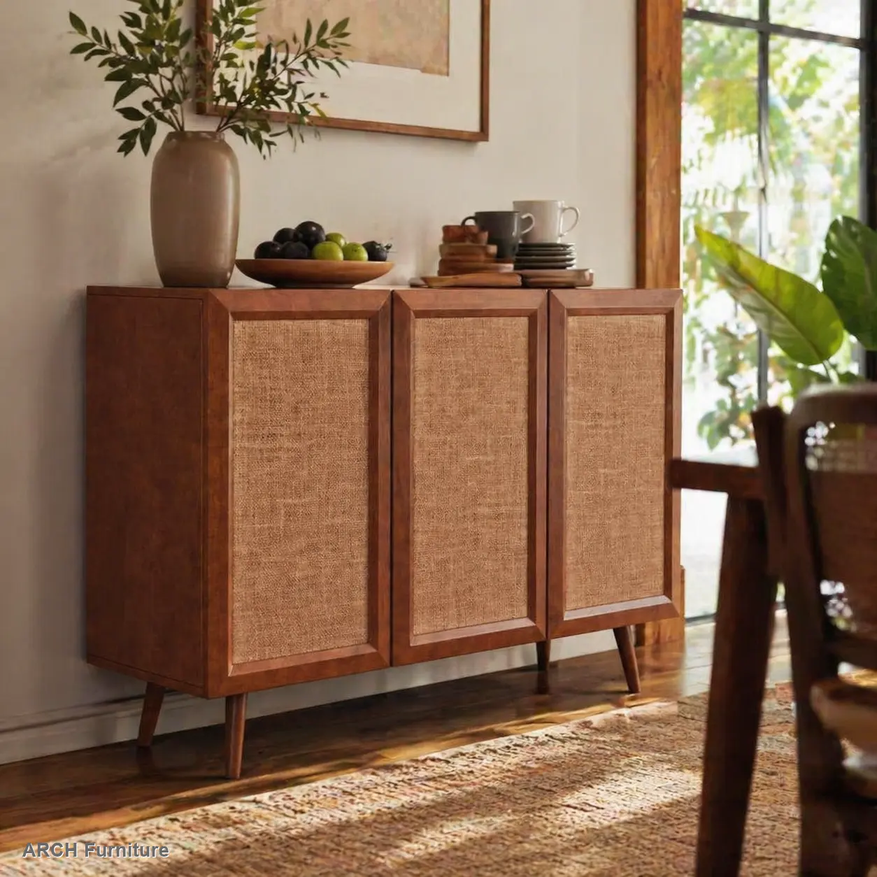 Mid-Century Farmhouse Rattan-Accent Freestanding Brown Wood 3-Section Classic Cabinet - Adjustable Storage Shelves, Ample Capacity, Easy Setup, Streamlined Form, Indoor Credenza for Entryway, Media Console, Wood Cabinets, 3-Section Cabinets