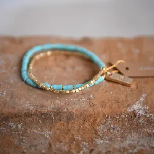 Turquoise Heishi and Gold White Square Double Wrap Bracelet