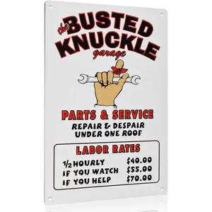 12x8 Inch Aluminum Metal Sign, Funny Garage Wall Decor - "The Busted Knuckle Garage" Humorous Labor Rates Man Cave/Workshop Sign