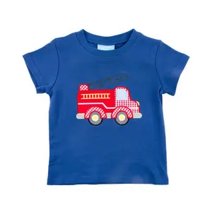 Fire Truck Appliqué Blue Short Sleeve Shirt - Boys Royal Knit T-Shirt