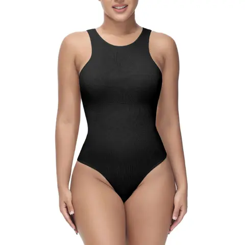 Soo Slick Snatch Me Up Women's High Neck Rib Fitted Sleeveless Thong Bodysuit - Tummy Control, Sculpting, Removable Padding, Minimalist Comfort, Compression, Body Contouring, Cheeky Shapewear