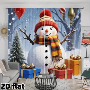 2D Flat 2Pcs Christmas Snowman Print Curtains, Winter Holiday Theme, Semi Sunshade Rod Pocket Design, Festive Gift Box Pattern, Suitable for Living Room Bedroom Study Kitchen Decor, Christmas Gift Window Treatment, Privacy, Home Decoration Curtain