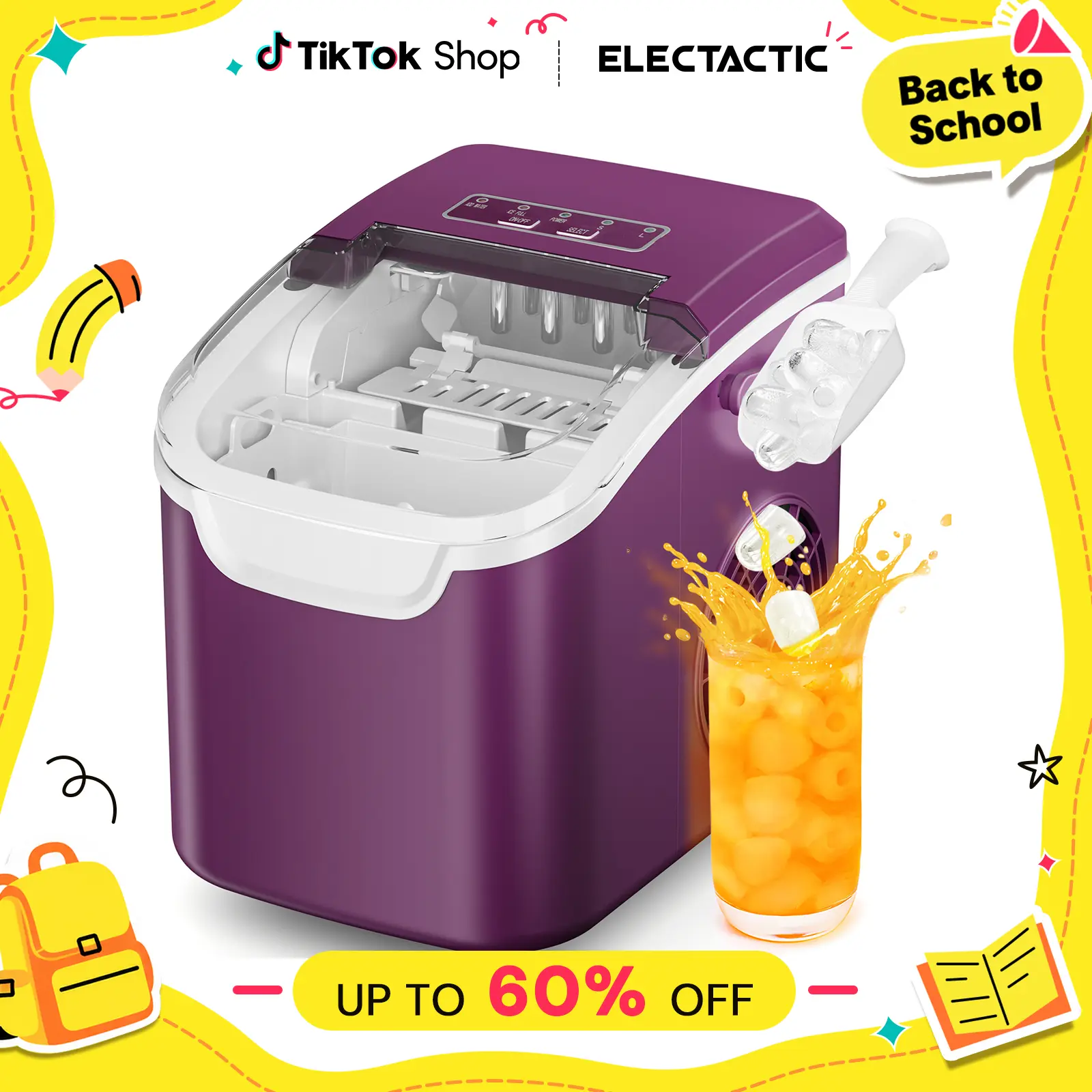 Electactic Countertop Ice Maker Portable Ice Machine with Handle, 26Lbs/24H, Self-Cleaning Ice Makers, 9 Ice Cubes/6 Mins for Home Kitchen Bar Party, purple.,home essentials