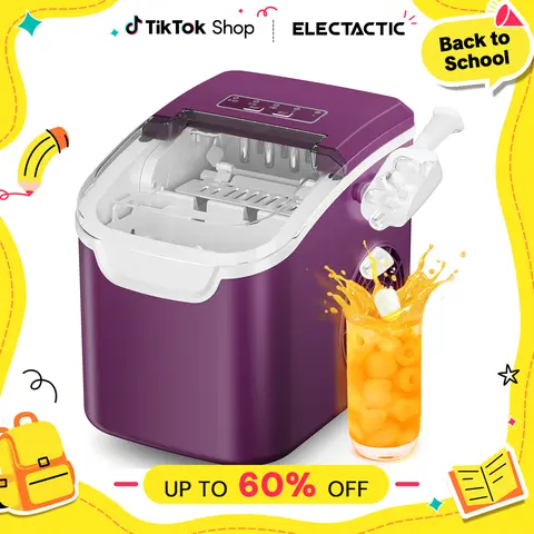 Electactic Purple Compact Plastic Corded Countertop Ice Maker - Portable with Handle, 26Lbs/24H Fast Ice Making, Self-Cleaning, 9 Cubes/6 Mins for Home Kitchen, Gathering, Boating