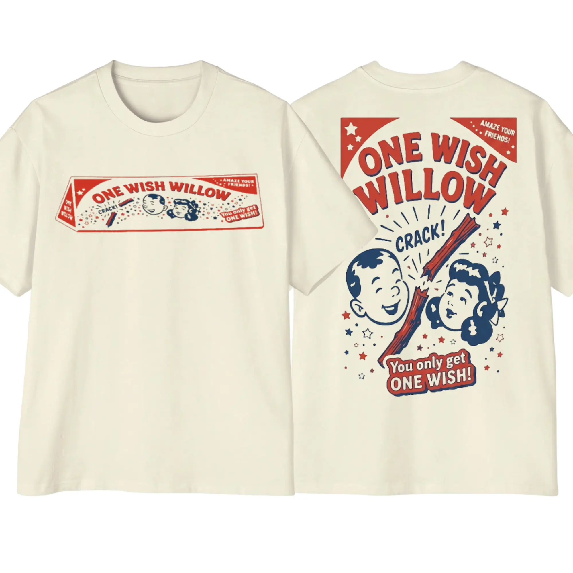 One Wish Willow Vintage Graphic T-Shirt | Retro Fortune Stick Double Sided Tee | Funny Nostalgic Graphic Shirt | Unisex Casual Tee