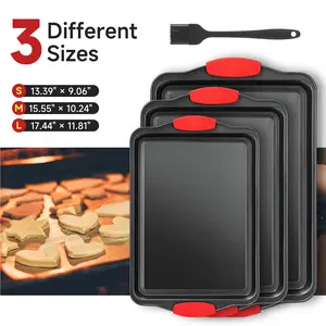 LOVEWE 3-Piece Stackable Baking Pan Set – Non-Stick Cookie Sheet Set with Heat-Resistant Handles, Space-Saving Bakeware for Oven, Includes Silicon Brush
