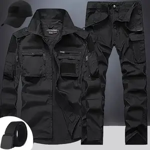 Sets mens outdoor breathable multiple pockets combat long sleeve shirts cargo pants suits male