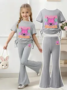 Summer Girls' Wildcat Print Set, Drawstring Short Sleeve Flare Pants Two-Piece, Casual School Wear, Trendy Kids Clothing