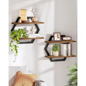 Hexagon Floating Shelves for Wall, Set of 2, 2 -Tier Shelves, Wall Mounted Shelves, for Living Room, Bedroom,, Home Office, Study, Rustic Brown and Black TBJ06P2BF