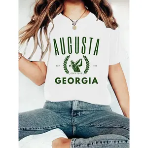 Augusta Vintage Golf Print Round Neck T-Shirt, Casual Vacation Women's Short Sleeve Top, Soft Fabric, Daily Comfort, Elegant Design