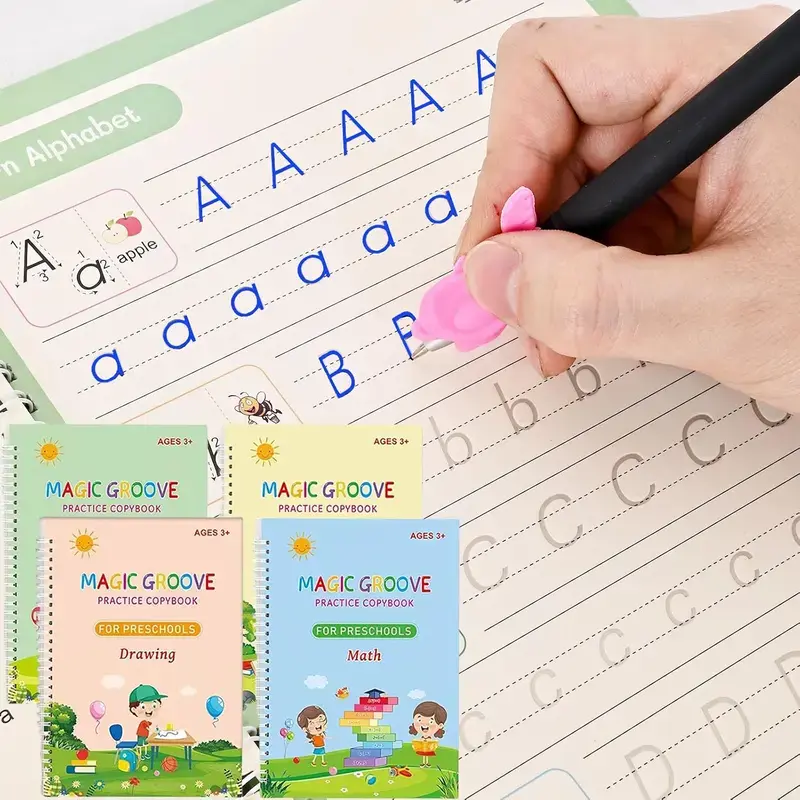 New 4PCS Reusable Colorful Magic Grooved Writing Boards - Preschool Tracing & Calligraphy Kit for Toddlers Ages 3+, Fine Motor Skills Development, Introducing Reading, Alphabet & Pen Set, Math Skill School Supplies