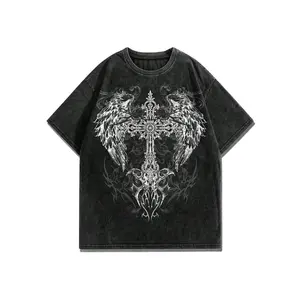 ROMWE MEN Goth Spring/Summer Casual Graphic Men'S Casual Cross & Wing Print Short Sleeve T-Shirt, Summer