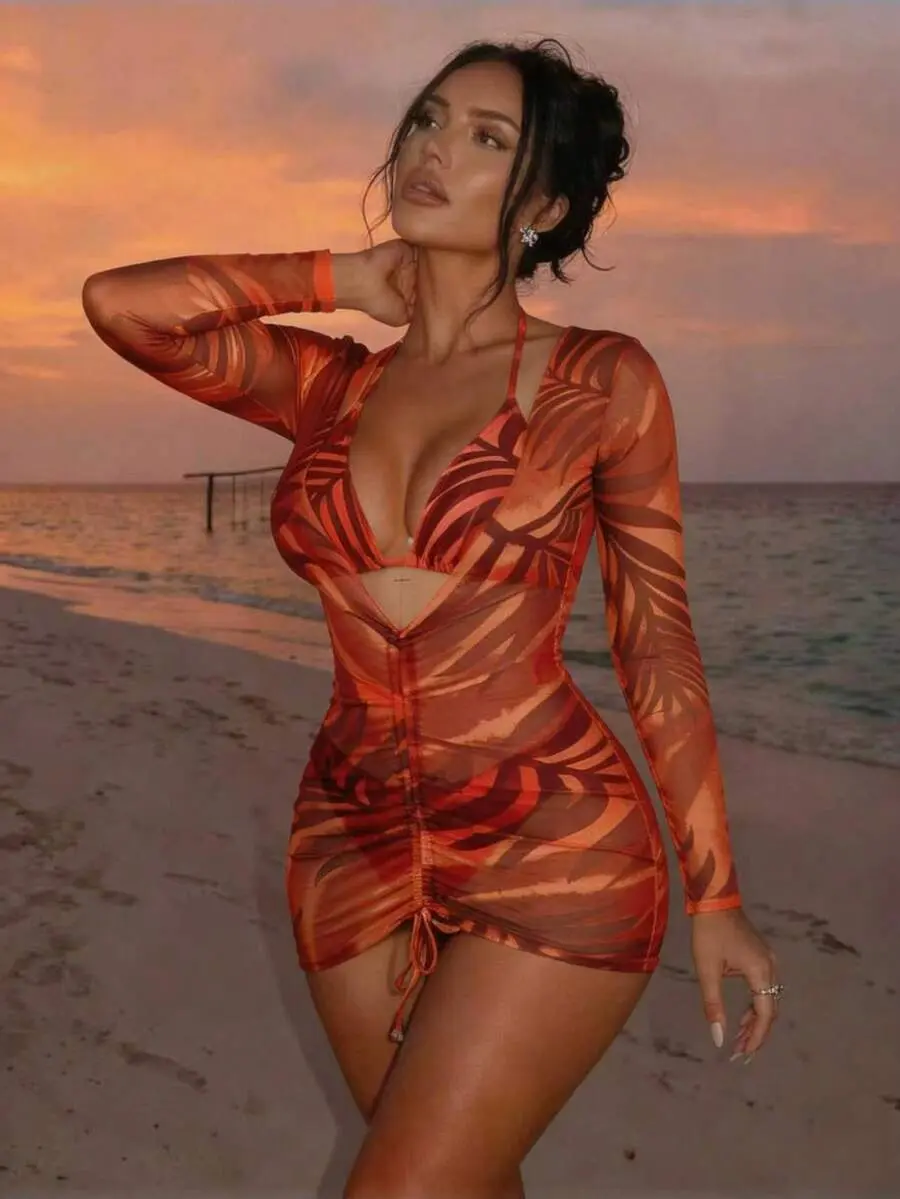 Women's Random Pattern Triangle Cup Bikini Set with Cover Up, Beach Wear Swimwear, Set Includes Top for Summer Beach Use