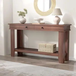 54-Inch Long Console Table with Drawers, Wooden Rectangular Entryway Table w/Open Storage Shelf, Sofa Table Behind Couch, Farmhouse Entry Foyer Table for Entryway, Hallway, Living Room