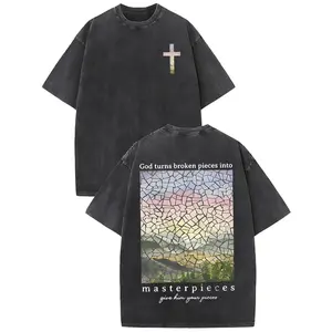 Unisex "God Turns Broken Pieces Into Masterpieces" Graphic T-Shirt Vintage Washed Christian Mosaic Landscape Design Cross Back Print Inspirational Religious Tee For Healing & Faith