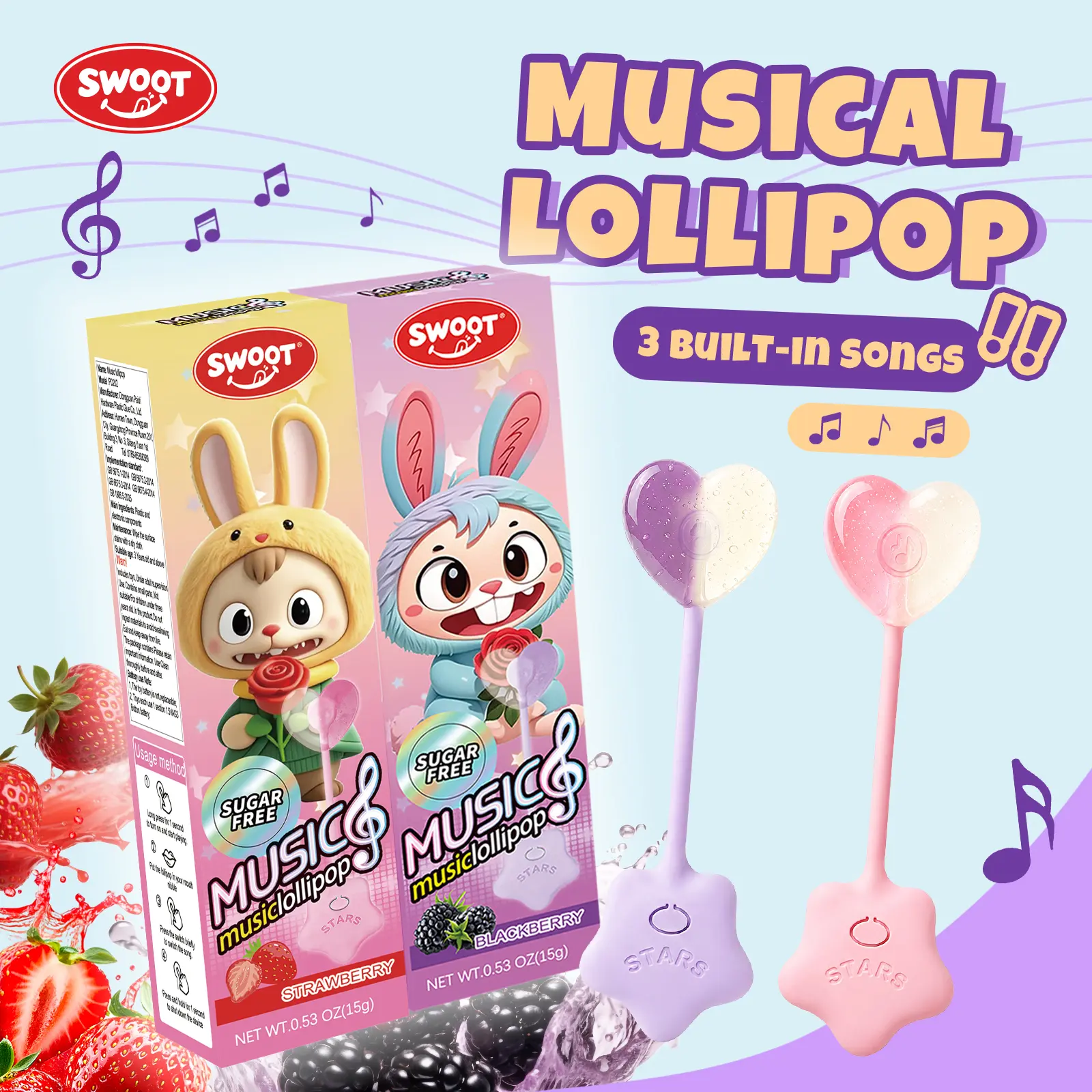 SWOOT Musical Lollipop for Kids, 2 Pack, Plays 3 Built-In Songs, Sugar Free Candy in Strawberry & Blackberry Flavors, Birthday Party Favors, Gift Treats, Heart Round & Diamond Shapes (Heart)
