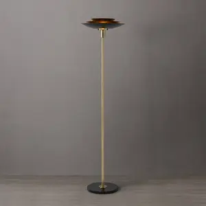 Rancho Mirage Torchiere Floor Lamp - Matte Black & Gold-Leaf Shade, Weathered Brass, Black Marble Base, Dimmer