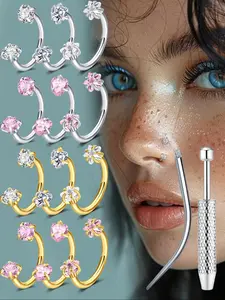 2pcs Nose Rings Studs With 1pc Piercing Taper And 1pc Ball Grabber, Hinged Nose Ring, Stainless Steel 3mm CZ 18G Nose Studs, Helix Ear Horseshoe Septum Nose Piercing Jewelry, White Pink CZ Internally Threaded 8mm Nose Rings For Women