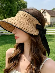 Women's Straw Hat, Large Brim Sun Protection Hat, UV Blocking Border Bowknot Foldable Beach Hat, Summer Fashion Accessory