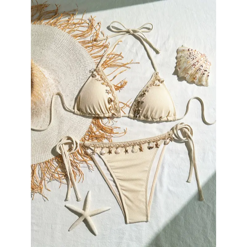 Women's Chic Beige Bikini Set with Detailing - High-Stretch Polyester/Elastane Blend, Machine Washable, Includes Matching High-Waisted Bottoms and Triangle Top, High Waisted Bikini Set summer outfits