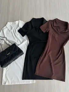 Women's 3-Piece Collared Pure Desire Academy American Style Versatile Daily Short Sleeve Fit Bodycon Short Dress, Casual Fashion