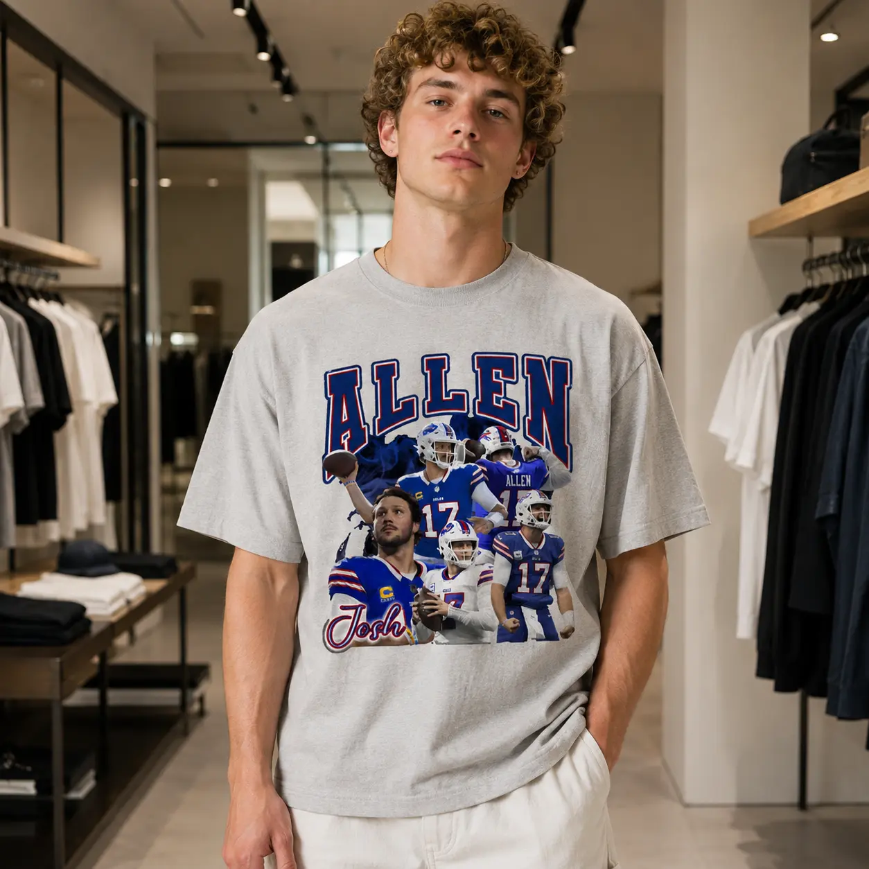 Josh Allen Buffalo Bills Collage T-Shirt, Vintage Quarterback #17 Graphic Tee, Retro Football Fan Shirt, Casual Game Day Apparel Gift for NFL Supporters