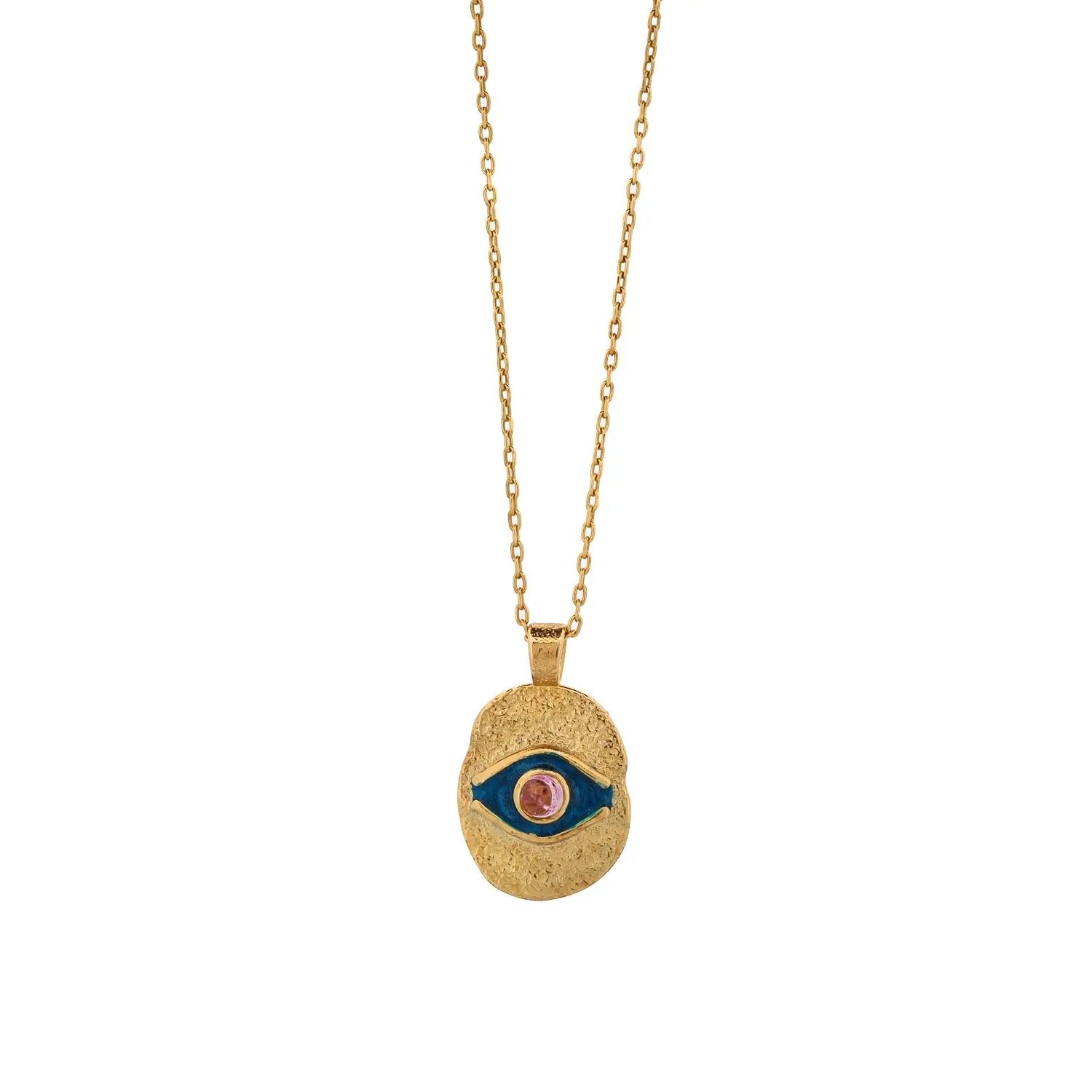 Blue Enamel & Tourmaline Stone Evil Eye Gold Pendant Good Karma Necklace