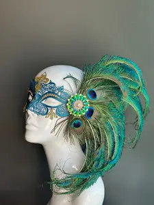 Turquoise Goddess Mask - Peacock feathers