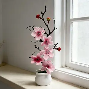 Artificial Plum Blossom Bonsai, With Flower Pot, High-Quality Realistic Plum Blossom And Cherry Blossom Design, Lifelike Artificial Flower, Perfect For Decorating The Living Room, Bedroom, Study, Or Office