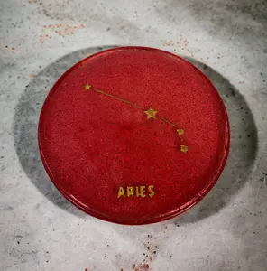 Aries Zodiac Coaster - Red Circular Design with Gold Star Accents, Perfect for Tableware Use