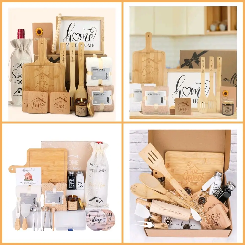 Gifts Set, New Home Gift Basket, New House Closing Gifts Basket, Bamboo Serving Board, Wooden Coasters, Cooking Spoons, Lavender Scented Candle & More
