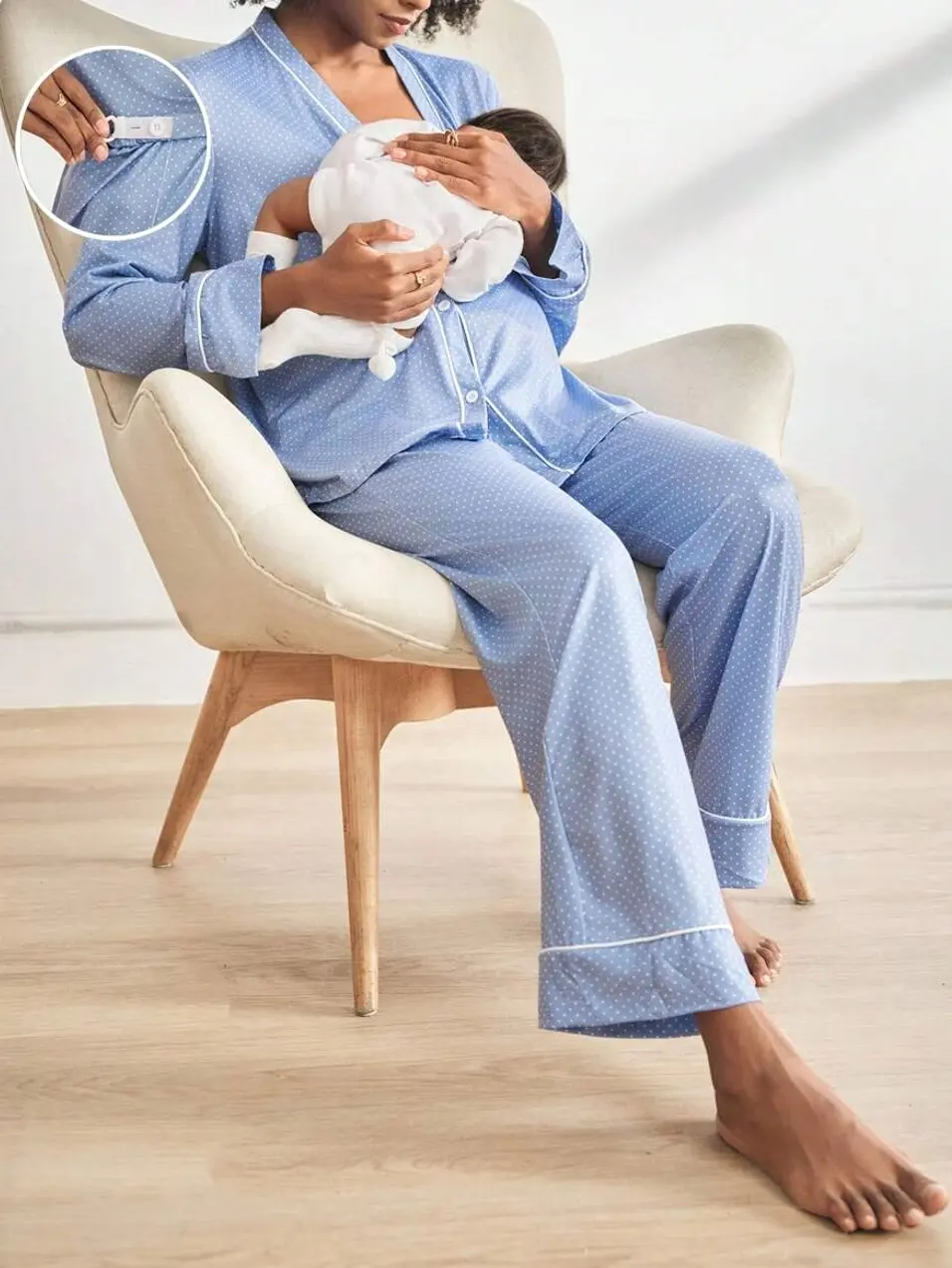 Polka Dot Print Maternity Loungewear Set with Button-Front Long Sleeve Top and Pants
