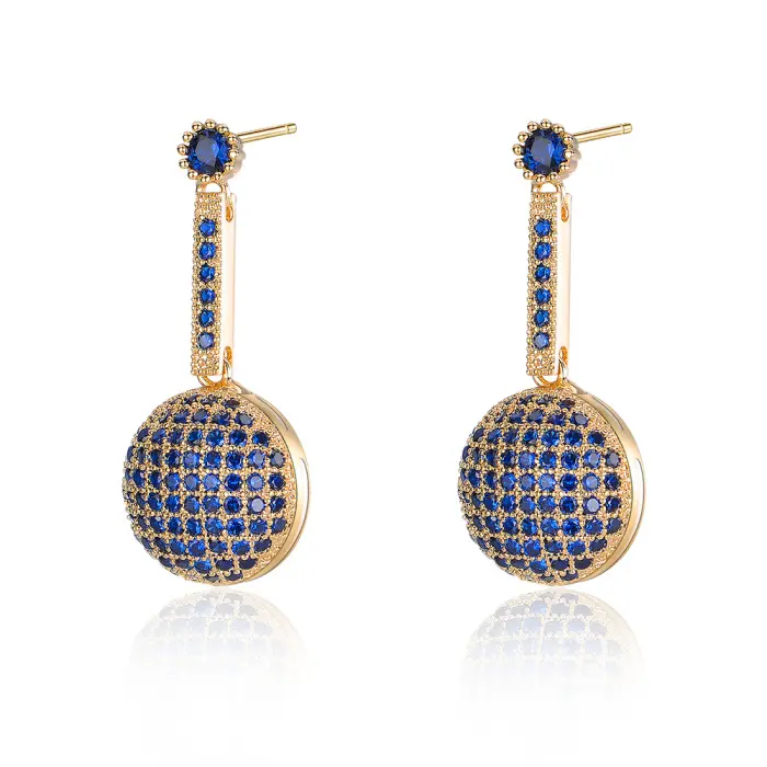 Mytys Long Dangle Earrings - Small Blue Top Accent, Crystal-Studded Bar & Full-Drilled Blue Sphere Style, Bold Shiny Jewelry Perfect for Special Occasions, Date Nights, Party Outfits & Gifting for Women, Eye-Catching Accessory