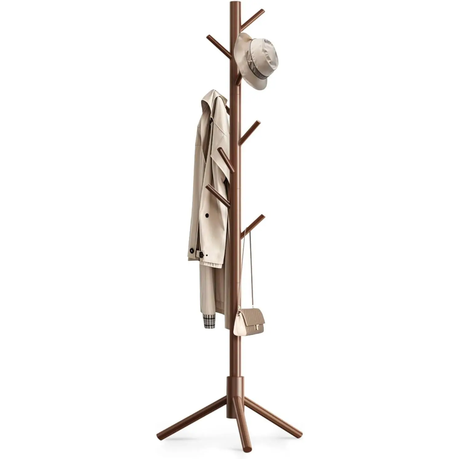Wooden Coat Rack with 8,Easy Assembly New Zealand Pine Tree Coat Racks, 3 Sizes for Clothes, Hats, Bags, for Entryway, Hallway, Bedroom, Office (Brown, 1 PC)