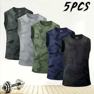 Pack of 5 men’s camouflage sleeveless tank tops — breathable crew neck casual tops with camouflage print; comfortable street-style apparel for outdoor sports, fitness, and summer beachwear; durable fabric