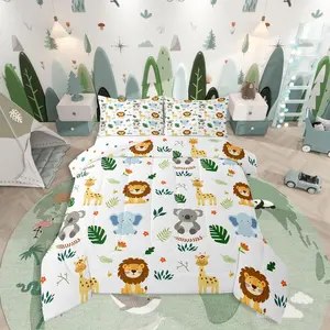 Nursery Cute Jungle Animal Bedding Set,Safari Elephant Giraffe Comforter Set,Cartoon Koala Lion Duvet Quilt Set,Palm Leaves Flowers Comforter