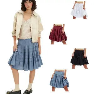 Womens Summer Pleated Skirts Boho Layered Tiered Cotton Flowy Skirt Knee Length Beach Vacation A-Line Skirt