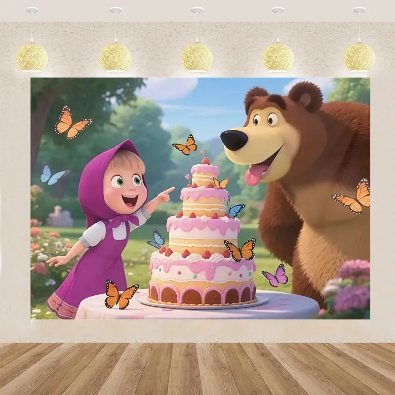 Masha and the Bear Cartoon Theme Polyester Photo Backdrop - Lightweight Large Indoor Festive Banner with Letters, Geometric Design, Easy Installation, Kids' Birthday Decor & Wall Tapestry Gift