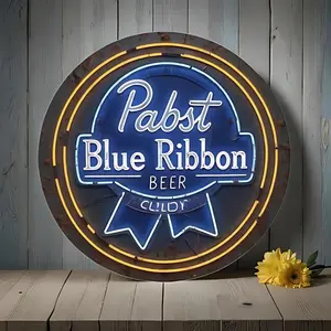 Blue Ribbon Beer 8× 8inch Round Decorative Aluminum Sign, Creative Home Decoration Gift, Suitable for Living Room, Bedroom, Bathroom, Garage, Bar, Cafe - Festive Art Decoration Style
