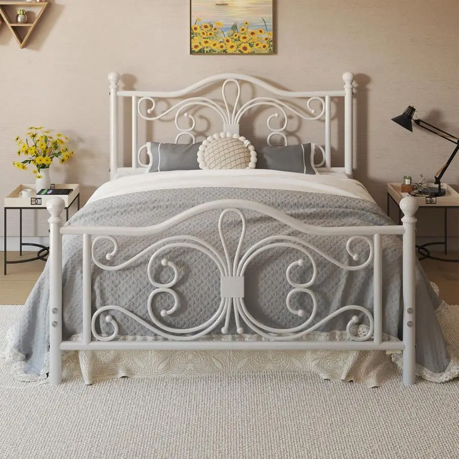 Metal Platform Bed Frame, [Size] Classic Style Headboard And Footboard, Under Bed Storage Space, Durable Steel Slats Support, Easy Assembly, No Box Spring Required