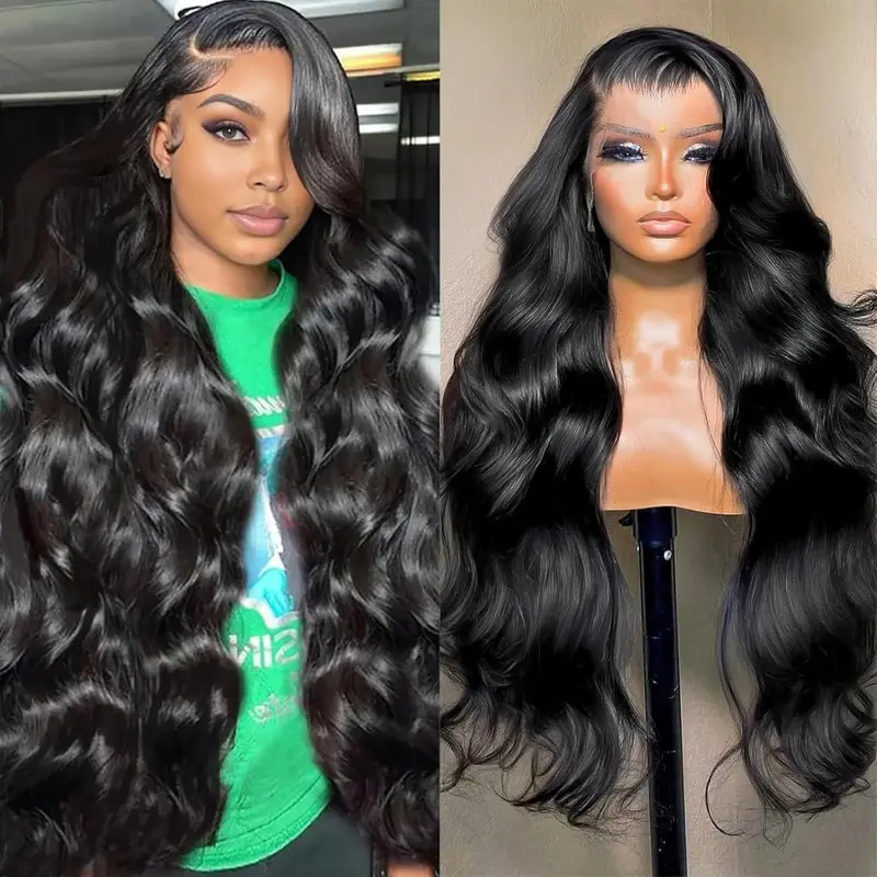30 Inch Body Wave Lace Front Wigs Synthetic Blended Human Hair Pre Plucked 13x4 HD Transparent Lace Front Wig 180% Density Glueless Frontal Wigs with Baby Hair for Women Natural Black