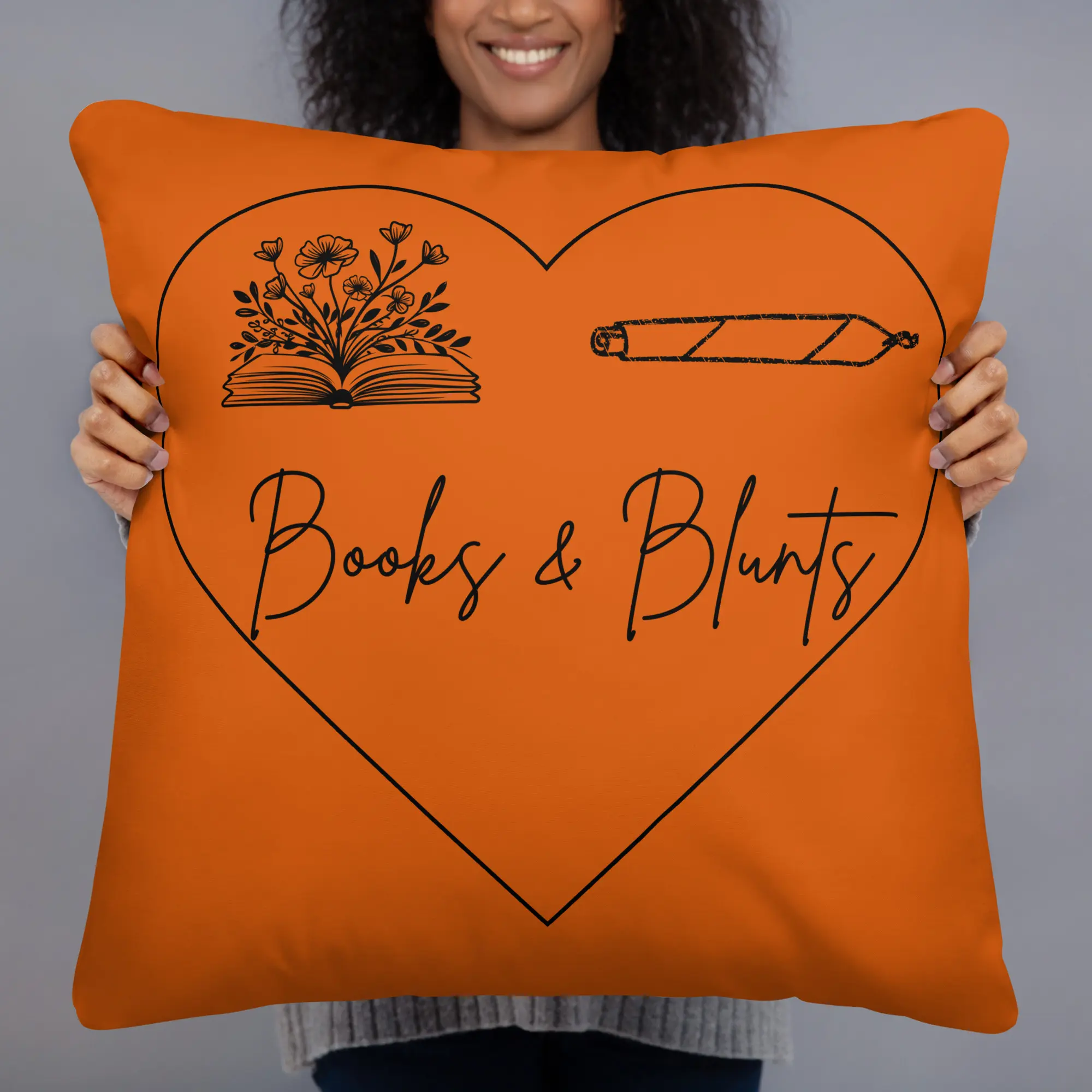 Burnt Orange Book Nook Pillow – Cozy Books & Blunts Decorative Cushion, 420 Themed Reading Corner Home Decor, Gift for Stoners & Book Lovers