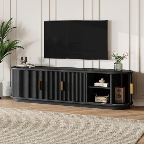 【Bellemave】 Farmhouse Wooden TV Stand with Sliding Tambour Door for TVs up to 75", Fluted Media Console with Adjustable Storage, Golden Handle TV Cabinet with Cable holes for Living Room, Natural