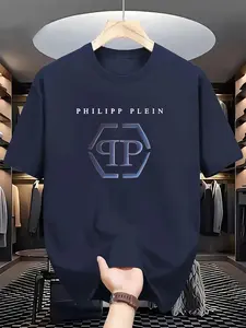 Philipp Plein Gradient PP Letter T-Shirt, Luxury High Street Style Short Sleeve, Casual Men's Fashion, Daily Wear, Fitted Long Top